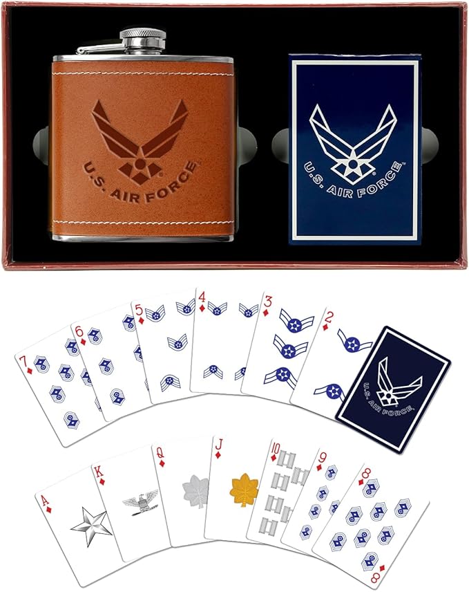 Air Force Flask & Card Gift Set - Leather-Wrapped USAF Flask with Rank Playing Cards | Disabled Vet Owned Business