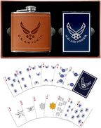 Air Force Flask & Card Gift Set - Leather-Wrapped USAF Flask with Rank Playing Cards | Disabled Vet Owned Business