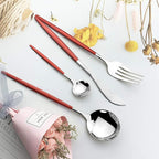 JASHII Flatware Serving Set 24 Piece, Stainless Steel Silverware Set, Red Silver Cutlery Set, Modern Elegant Tableware Set for Party, Christmas, Dinner (Red Silver)