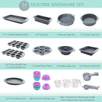 Tongjude 54 Pieces Silicone Baking Pans Set, 10 Silicone Cake Molds, Loaf Pan and Muffin Pans, Non-Stick Baking Cup, with Measuring Cups and Spoons Set, Grey