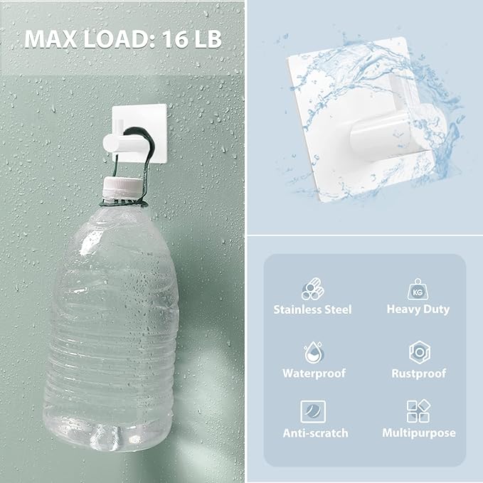 VIS'V Adhesive Towel Hooks, Waterproof Shower Wall Stick on Hooks, 2 Extra Adhesive Strips, White, 4 Pcs