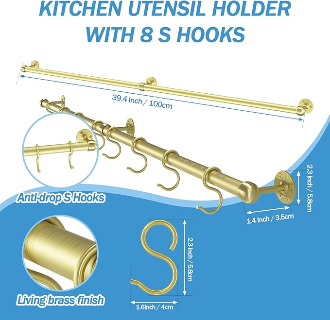 ROTHLEY Stainless Steel Pot and Pan Hanger - 39.4 Inch Wall Mounted Hanging Pots and Pans Rack for Kitchen Wall Rail with Hooks (Brass)