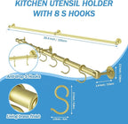 ROTHLEY Stainless Steel Pot and Pan Hanger - 39.4 Inch Wall Mounted Hanging Pots and Pans Rack for Kitchen Wall Rail with Hooks (Brass)