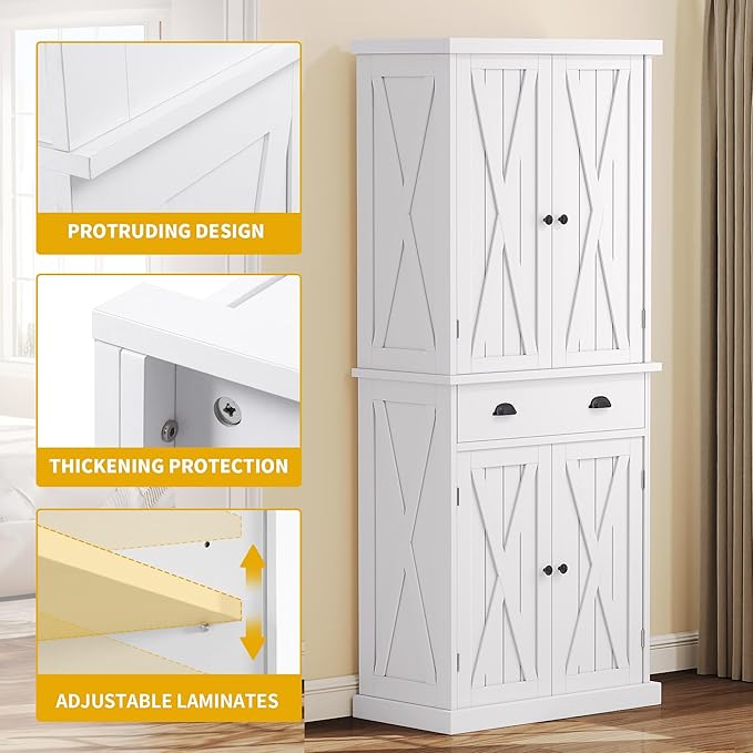 DWVO 72'' Farmhouse Kitchen Pantry, Rustic Wood Kitchen Storage Cabinets with Adjustable Shelves & Drawer, Tall Freestanding Cupboard for Dining Room, Living Room, White