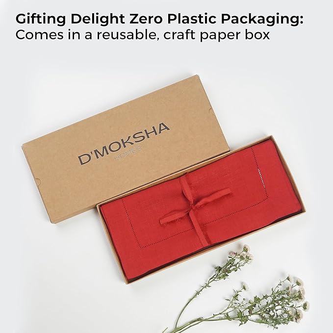 D'Moksha Homes Linen Bright Red Table Runner 48 Inches - Classic Hemstitch, 100% Pure Linen Coffee Table Runner 14 x 48 Inch Ideal for Dresser Tables - Summer, Fall and Halloween