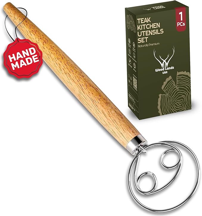 13 Inch Danish Dough Whisk Stainless Steel Hook with Long Wooden Handle – Essential Dough Whisk & Sourdough Bread Baking Supplies for Mixing, Whisking & Baking Pizza Dough - Sourdough Tools