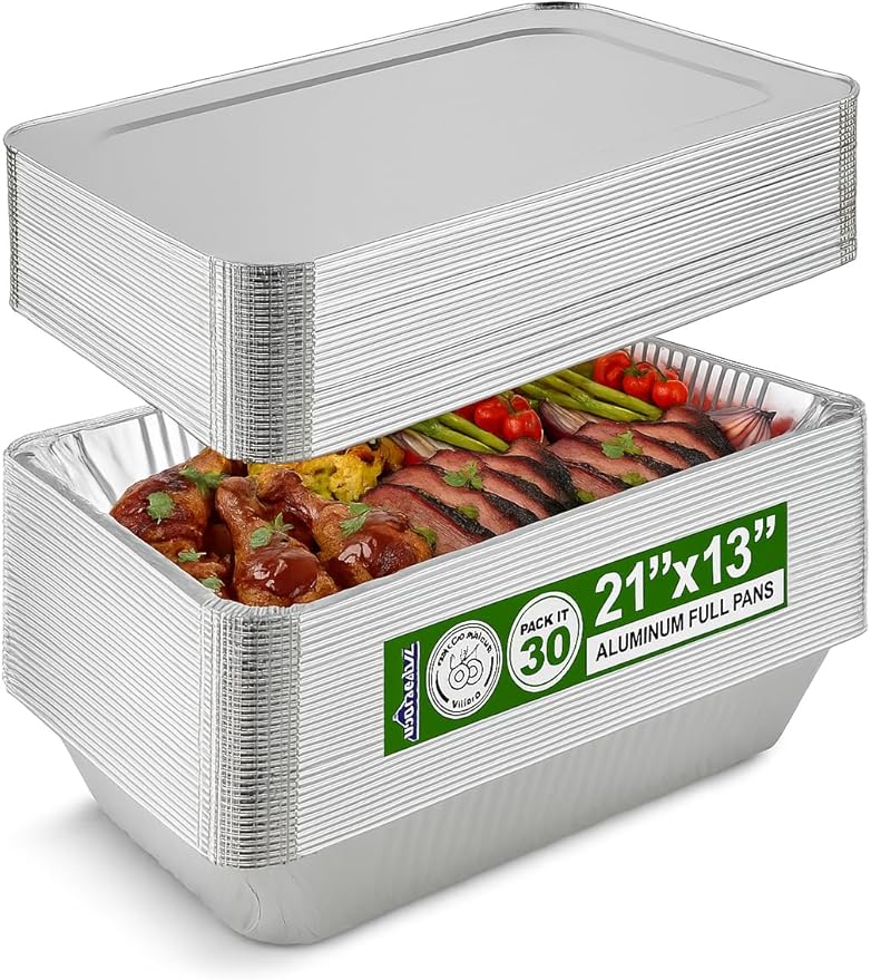 EHOMEA2Z Large Aluminum Pans With Lids Disposable Full Heavy Duty Roasting, Broiling, Baking, Catering Pans 21x13x3 (30, Full-Size w/Lids)