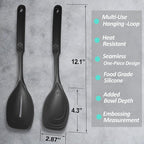 2 Pack Large Silicone Cooking Spoon, Non-Stick Slotted and Solid Spoon set with Deep Bolw and Measurement Mark for Mixing, Serving, Draining, Scooping, Scraping, Heat Resistant Kitchen Utensils, Black