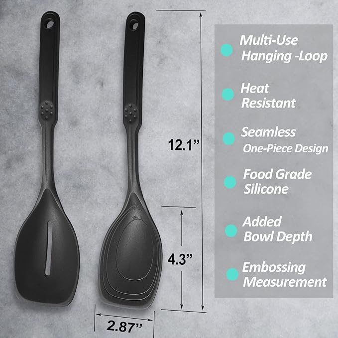 2 Pack Large Silicone Cooking Spoon, Non-Stick Slotted and Solid Spoon set with Deep Bolw and Measurement Mark for Mixing, Serving, Draining, Scooping, Scraping, Heat Resistant Kitchen Utensils, Black