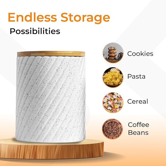 Ceramic Canister Set for Kitchen Countertop & Pantry – 3 Airtight Food Storage Containers for Flour, Sugar & More – Durable White Ceramic with Bamboo Lids