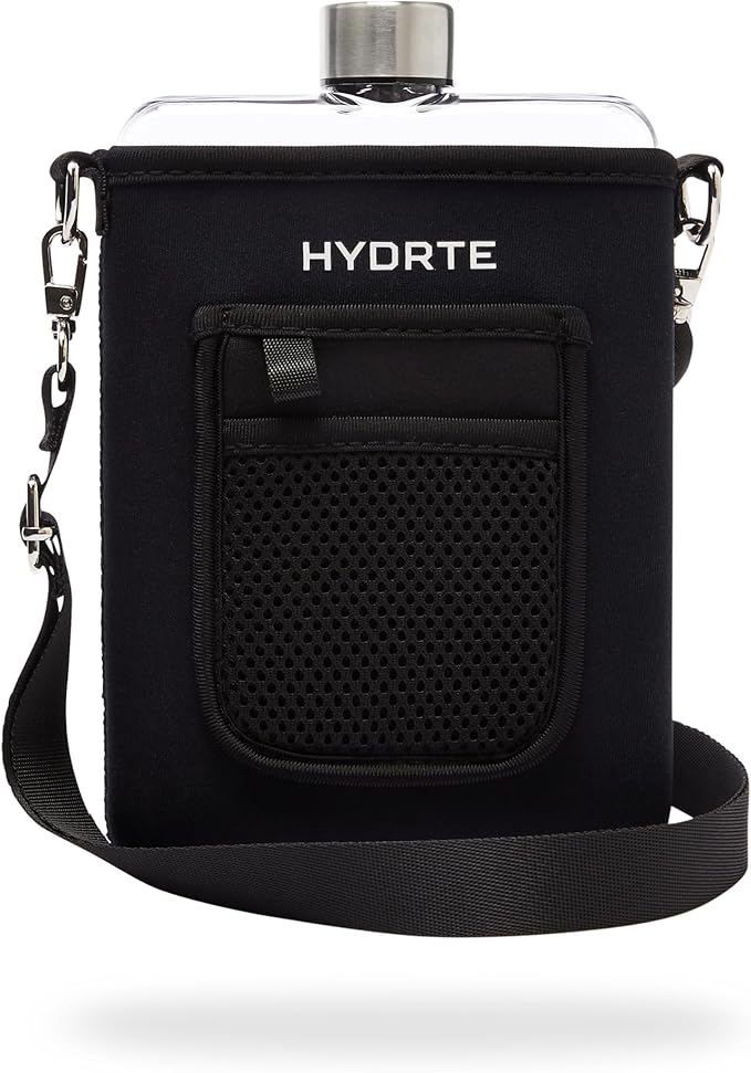 Travel Water Bottle | Flat With Strap | Leak Proof Slim for Travel | BPA Free Flask | Ultimate Square With Sleeve 18 oz (Nero Black)