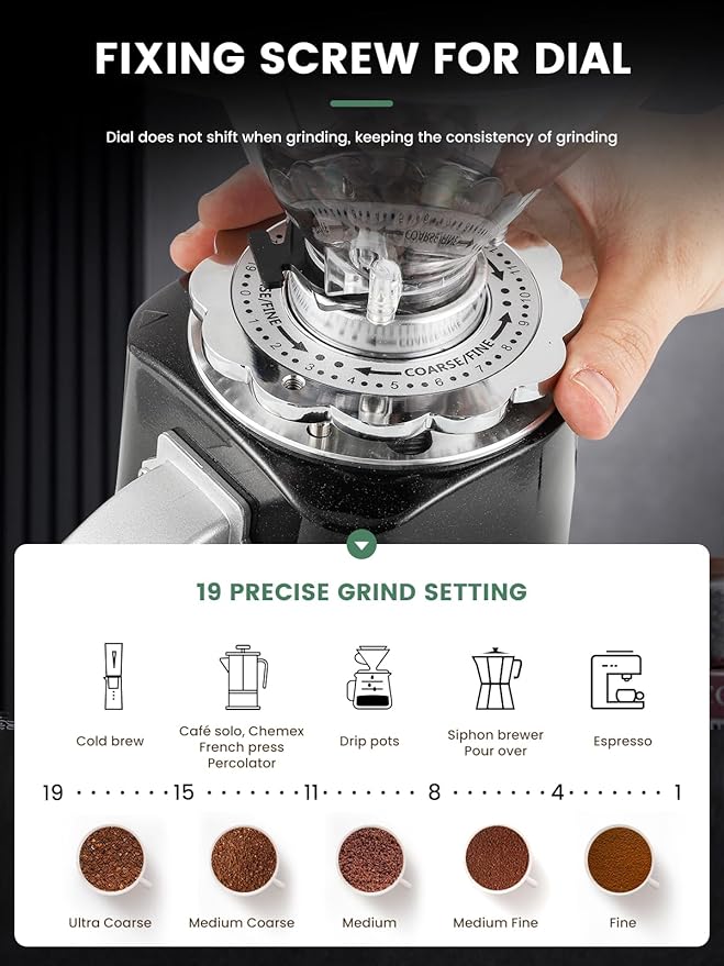 Huanyu Burr Coffee Grinder- Stainless Steel Flat Burr, 19 Precise Grind Settings, 35oz Capacity and Dual Dosing for Espresso, Hand Punch, French Press Black