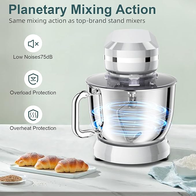 HOWORK Electric Stand Mixer,10+p Speeds With 6.5QT Stainless Steel Bowl,Dough Hook, Wire Whip & Beater,for Most Home Cooks,Silver