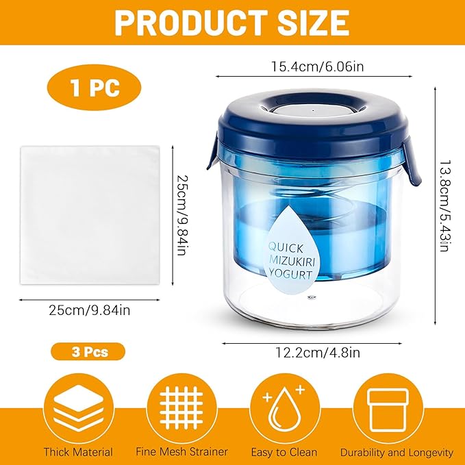 Plastic Yogurt Strainer, 450 ML Small Yogurt Maker with 3 Fine Mesh Strainer Bags, Press Yogurt Filter for Cheese Milk Cuisine Home Making Drain Gadget (1)