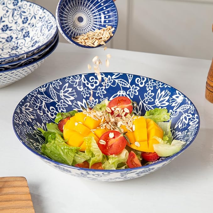 Ceramic Pasta Bowls Set - 40 Oz Porcelain Large Salad Bowls Serving - 9 Inch Wide Shallow Plate Bowls for Eating - Housewarming Wedding Gift - Oven Dishwasher Safe - Set of 4 - Vintage Blue