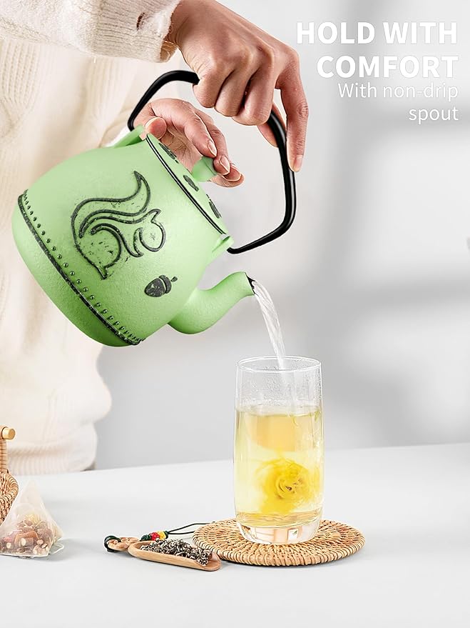 Toptier Teapot with Removable Infuser, Cast Iron Tea Kettle Stovetop Safe, Squirrel Design Tea Pot Coated with Enameled Interior for 32 Ounce (950 ml), Bright Green