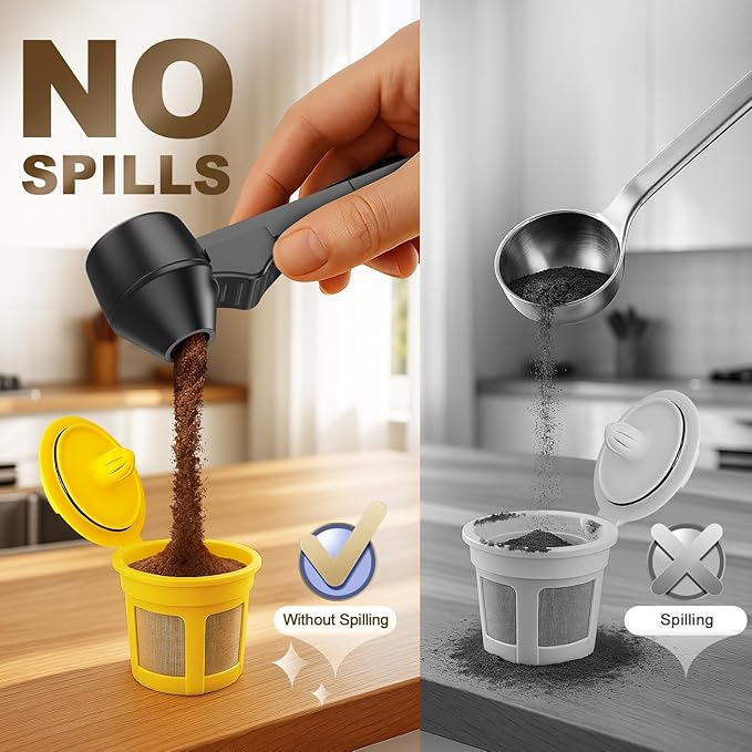 Coffee Scoop & Funnel for Reusable K Cup Refillable Coffee Pods,Mess-Free Measuring Spoon 2 TBSP Capacity for Ground Coffee, Protein Powder & Tea, Funnel Design without Spilling(2, Black)