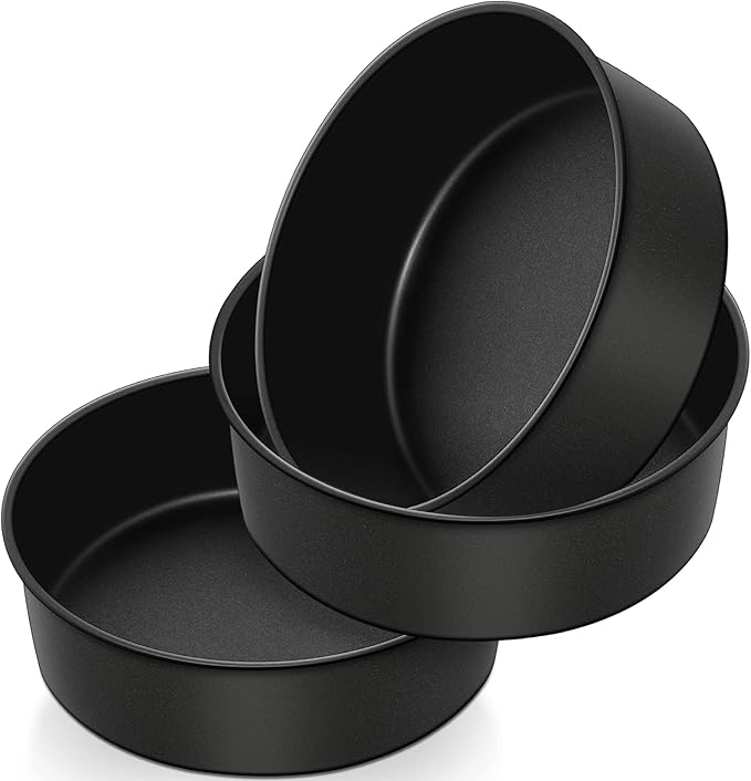 P&P CHEF 8 Inch Cake Pan, Nonstick Round Baking Layer Cake Pans Tins Set for Birthday Wedding, 2.94-Inch Deep Side & One-piece Design, Stainless Steel Core & Easy Clean, Black 3Pcs