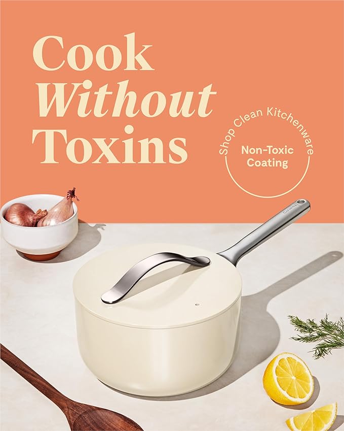 Caraway Nonstick Ceramic Sauce Pan with Lid (1.75 qt) - Non Toxic, PTFE & PFOA Free - Oven Safe & Compatible with All Stovetops (Gas, Electric & Induction) - Sage