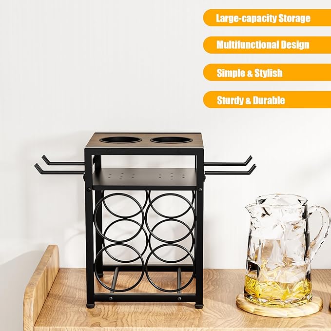 KLM Wine Rack Countertop, 6 Bottle 4 Glass Holder, Modern Wood Storage Stand with Tray, Black