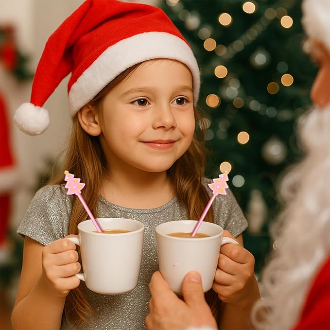 30 Pcs Christmas Drink Stirrers Xmas Stir Stick Holiday Coffee Swizzle Stick Reusable Plastic Hot Cocoa Bar Chocolate Decoration Cocktail Mixer(Christmas Tree,Pink Color)