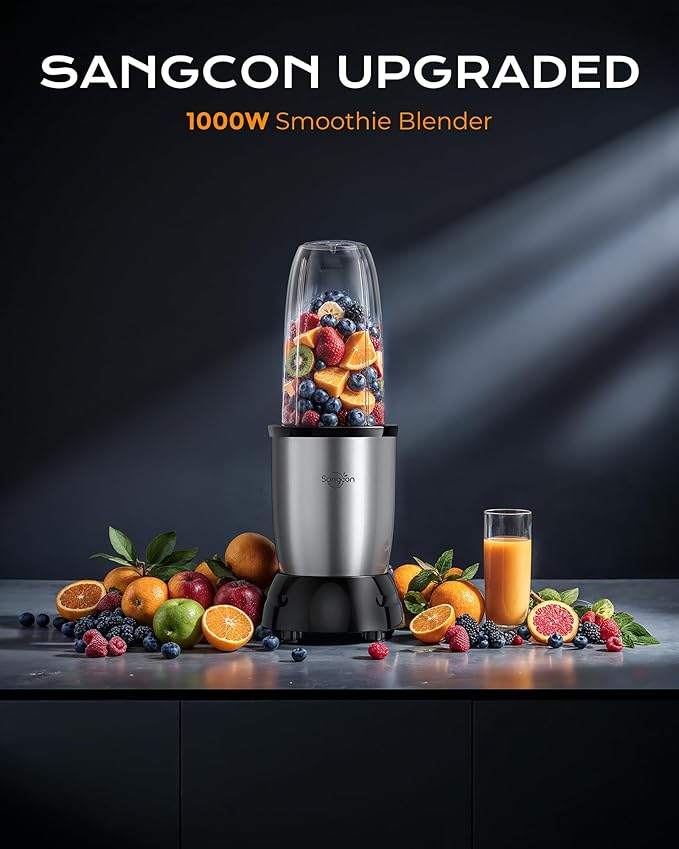Sangcon 1000W Blender for Smoothies, Blenders for Kitchen, with 24oz/19oz/10oz BPA-Free Cups – Upgraded 8-Blade Personal Blender Set for Ice Crushing, Baby Food, Spice Grinding & More