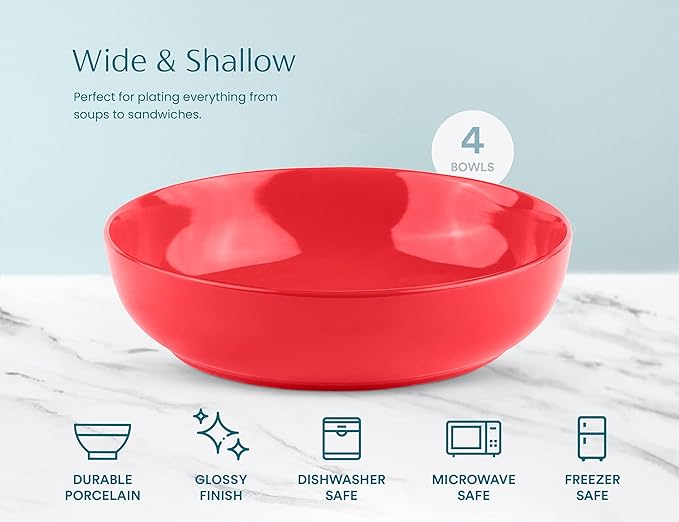 KooK Pasta Bowl, Salad Bowls, Soup, Serving Bowls, Ceramic, Large Capacity, Microwave & Dishwasher Safe, Set of 4, 40 Oz,(Red)