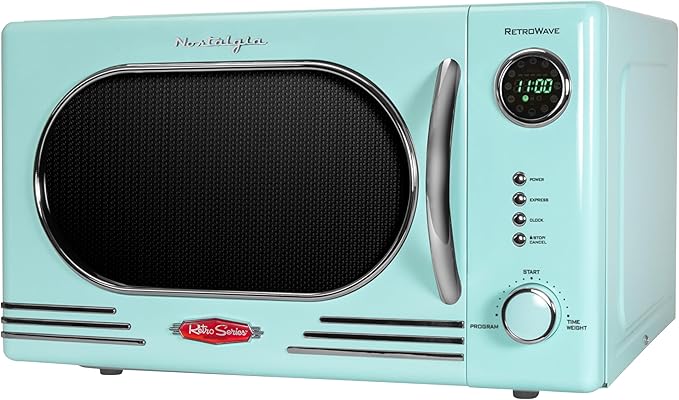 Nostalgia NRMO11AQ6A 1000 Watt Power Retro Countertop Microwave Oven Easy to Clean with Removable Glass Turntable-Child Safety Lock-12 Programs-Digital Clock, 1.1 Cu. Ft, Aqua