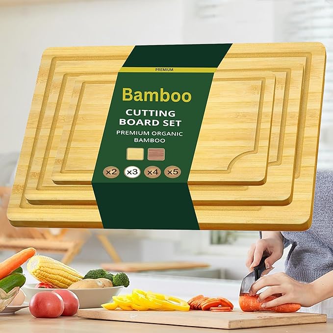 Bamboo Cutting Board Set 3 Piece Large Wood Chopping Boards With Juice Grooves for Meat Vegetables Fruits & Charcuterie Durable Kitchen Serving Boards