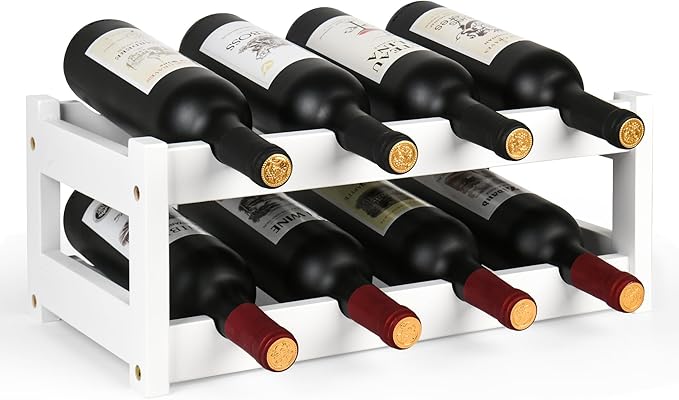 VASMIA Wine Rack, 2-Tier Bamboo Wine Racks Countertop Cabinet Wine Holder Wine Storage Shelf for Pantry Kitchen Bar, White