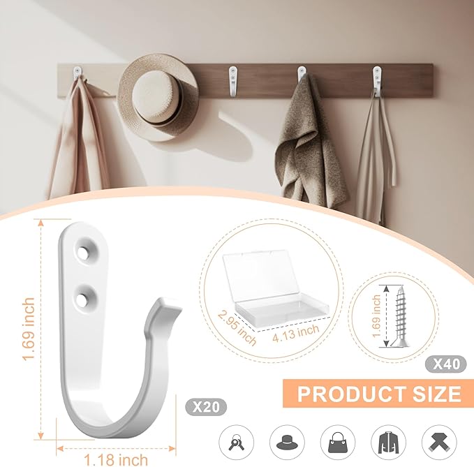 Hook for Hanging - 20PCS Hook for Hanging, Wall Hooks for Coats, Heavy Duty Single Prong Wall Hooks with 40 Pieces Screws (White)