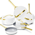 Caraway Deluxe Nonstick Ceramic Cookware Set (16 Piece) Pots, Frying Pans, Lids and Kitchen Storage - PFAS & PFOA Free - Oven Safe Ceramic Pan Set & Compatible with All Stovetops - White