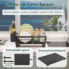 Iron Dish Drying Rack with Drainboard Dish Drainers for Kitchen Counter Extendable Spout Strainers with Utensil Holder and Knife Slots, Black
