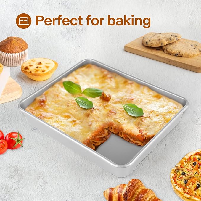 9x11 Baking Pan, Rectangle Cake Pan, 2-Pieces Nonstick Sheet Cake Pans Heavy Duty, Toaster Oven Tray Deep Size for Lasagna, Brownie, Siliver