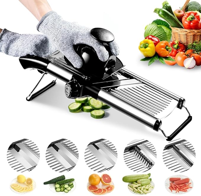 Mandoline Food Slicer, Adjustable Mandoline Slicer for Kitchen, Stainless Steel Mandolin Vegetable Chopper for Potato/Tomato/Onion, Vegetable Slicer Julienne Cutter with Cut-Resistant Gloves