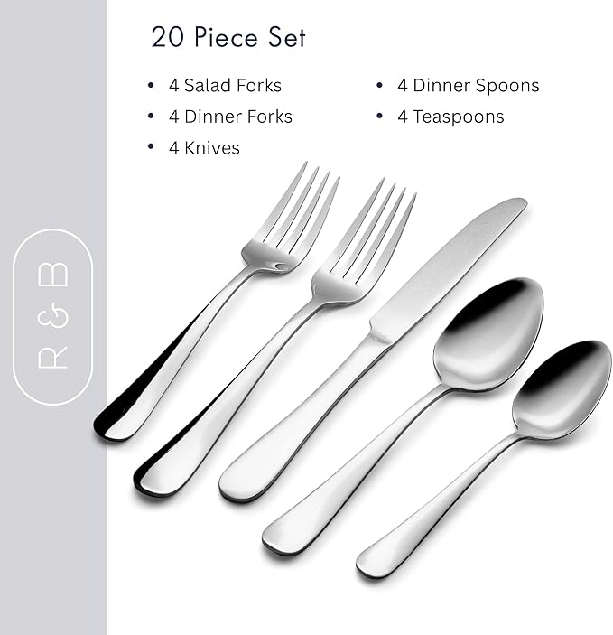 Roberts & Belk 20-Piece Camden Black Silverware Set – Flatware for 4 – High Mirror Stainless Steel Utensils with Knives, Forks & Spoons