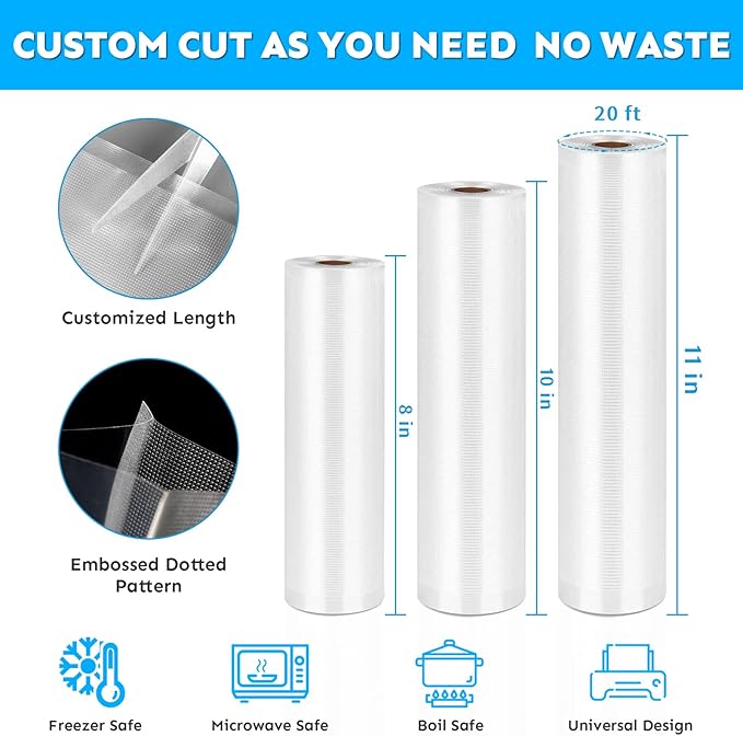 Vacuum Sealer Food Saver Rolls Bag 8"X20'&10"X20'&11"X20' 3Pack, BPA-Free Thick Seal Meal Bags Roll,Commercial Customize Size, Sous Vide Cooking Vacuum Seal Rolls, Meat Cheese Dry Goods