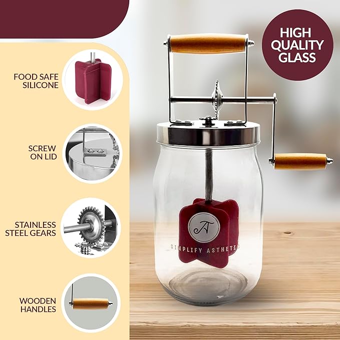 Butter Churner Set – Includes Glass Dish with Lid, Cheesecloth, Wooden Paddles & Knife Spreader – Butter Churn - Make Homemade Butter Fast & Easy
