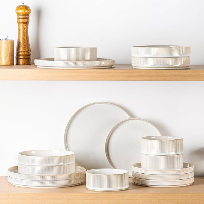 TheTerra Ceramic Dinnerware Sets with Pasta Bowls for 4, 16 Pieces Porcelain Lightweight Plates and Bowls Sets, Scratch Resistant Dish Set, Oven & Microwave & Dishwasher Safe, Reactive White
