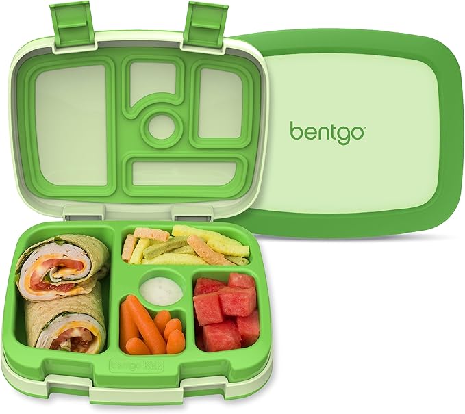 Bentgo Kids Bento-Style 5-Compartment Leak-Proof Lunch Box - Ideal Portion Sizes for Ages 3 to 7 - Durable, Drop-Proof, Dishwasher Safe, PFAS & BPA-Free & Made with Food-Safe Materials (Green)