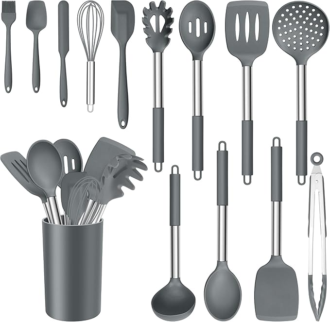 E-far 14 Pieces Silicone Cooking Utensils Set, Kitchen Utensils Set with Holder, Spatula, Ladle, Spoon, Tong, Slotted Turner for Nonstick Cookware, 446°F Heat Resistant & Stainless Steel Handle, Gray