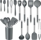 E-far 14 Pieces Silicone Cooking Utensils Set, Kitchen Utensils Set with Holder, Spatula, Ladle, Spoon, Tong, Slotted Turner for Nonstick Cookware, 446°F Heat Resistant & Stainless Steel Handle, Gray