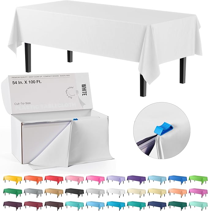 Exquisite Party Solids 54 Inch X 100 Feet White Plastic Table Cover Roll in A Cut - to - Size Box with Convenient Slide Cutter. Cuts Up to 12 Rectangle 8 Feet Plastic Disposable Tablecloths
