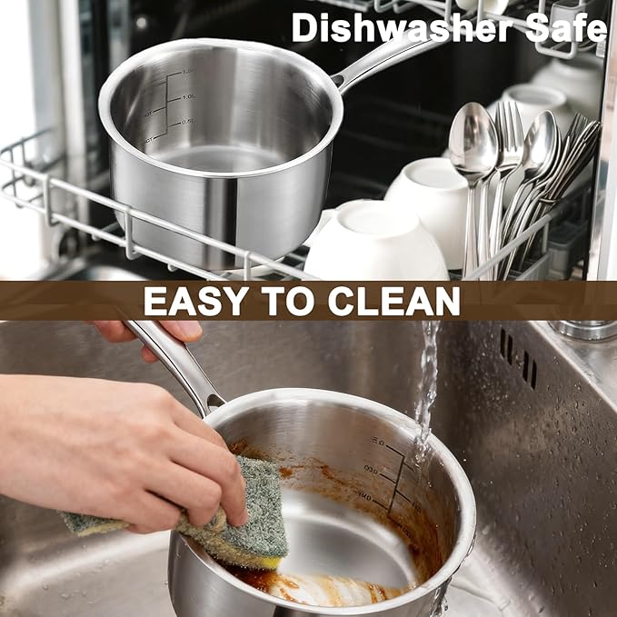 2.5 Quart Triple Stainless Steel Saucepan with Lid, Ramen Pot with Clear Glass Cover, Small Sauce Pan for Cooking Oatmeal, Induction-Ready, Dishwasher-Safe, Suitable for All Stoves