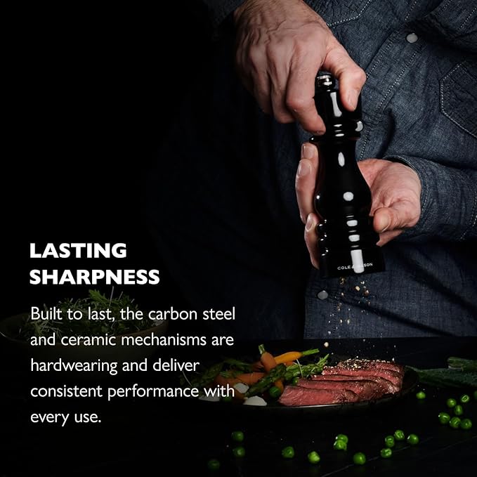 Cole & Mason London Refillable Spice Mill - Kitchen & Home Accessory - Salt & Pepper Grinder Set - Salt Mill with Ceramic Mechanism - Pepper Mill with Carbon Steel Mechanism - 7", Black Gloss