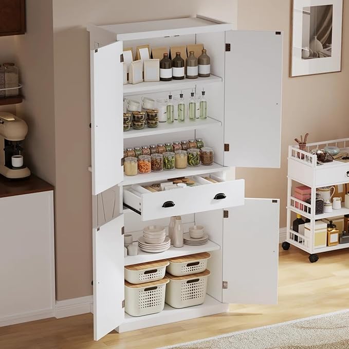 YITAHOME 72'' Tall Kitchen Pantry, Farmhouse Kitchen Storage Cabinets with Barn Doors, Drawer and Adjustable Shelves, Wood Cupboard for Kitchen, Dining Room, Bathroom, White