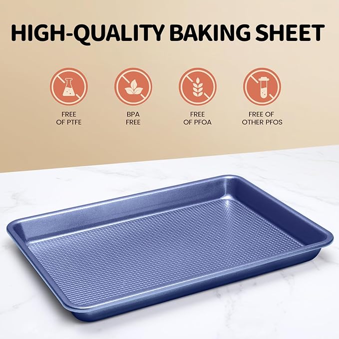 Vinino Baking Sheet Set of 3, Cookie Sheets For Baking with Square Texture Pattern, Thicker Carbon Steel Non-stick Baking Pan Half/Quarter/Jelly Roll Pans Tray for Oven-Blue