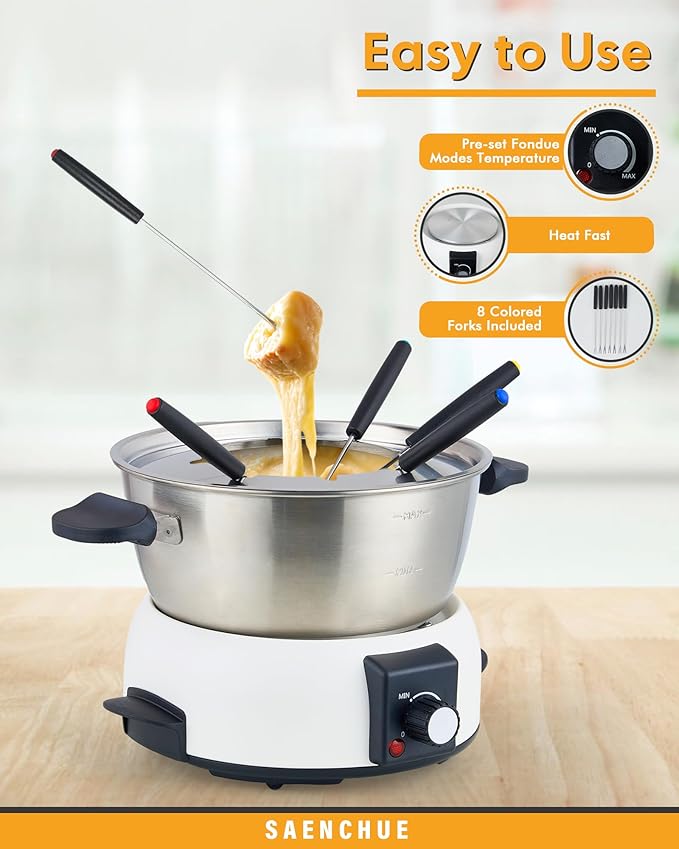 Electric Fondue Pot Set for Cheese & Chocolate - 6-Cup Stainless Steel Fondue Pot with 8 Coded Forks - 3 Mode Fondue Set Adjustable Temperature Control for Cheese, Oil and Hotpot, FD-10