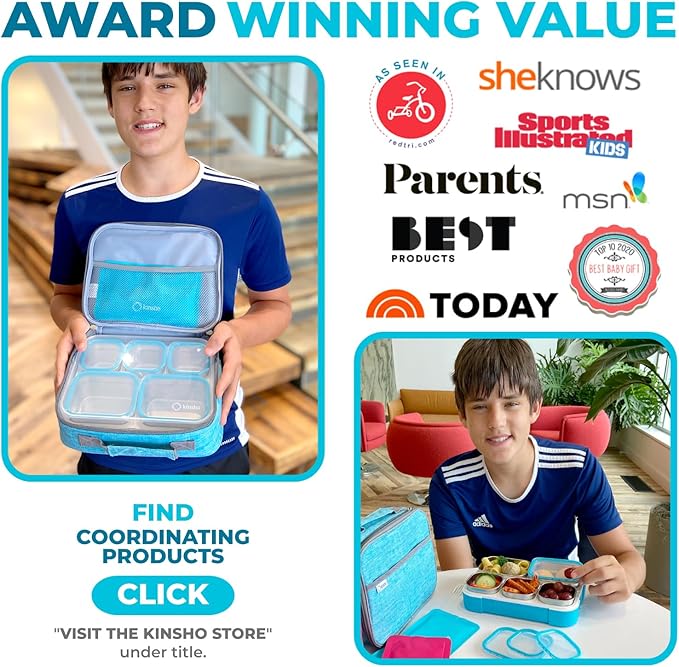 Stainless Steel Kids Bento Lunch-Box with Lunch Bag Ice Pack for Toddler Kids Adult, Leak-Proof School Lunch Container Boxes, Snack Food Containers for Daycare, 5 Compartment Snackle-Box 34 oz Blue