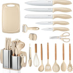 RAXCO Kitchen Set,18-Piece Silicone Cooking Utensils and Stainless Steel Chef's Knives,Khaki